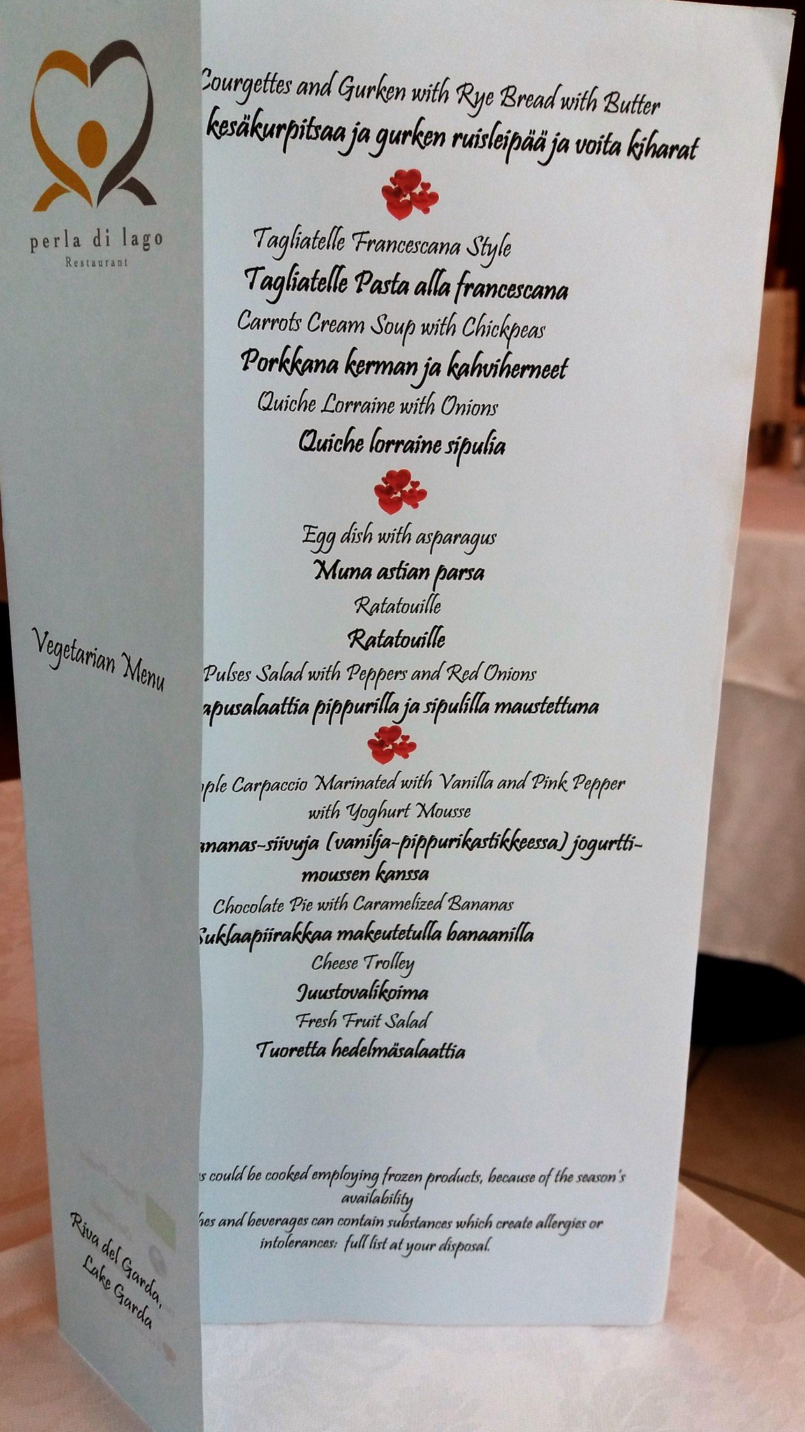 Villa Nicolli Romantic Resort dinner menu